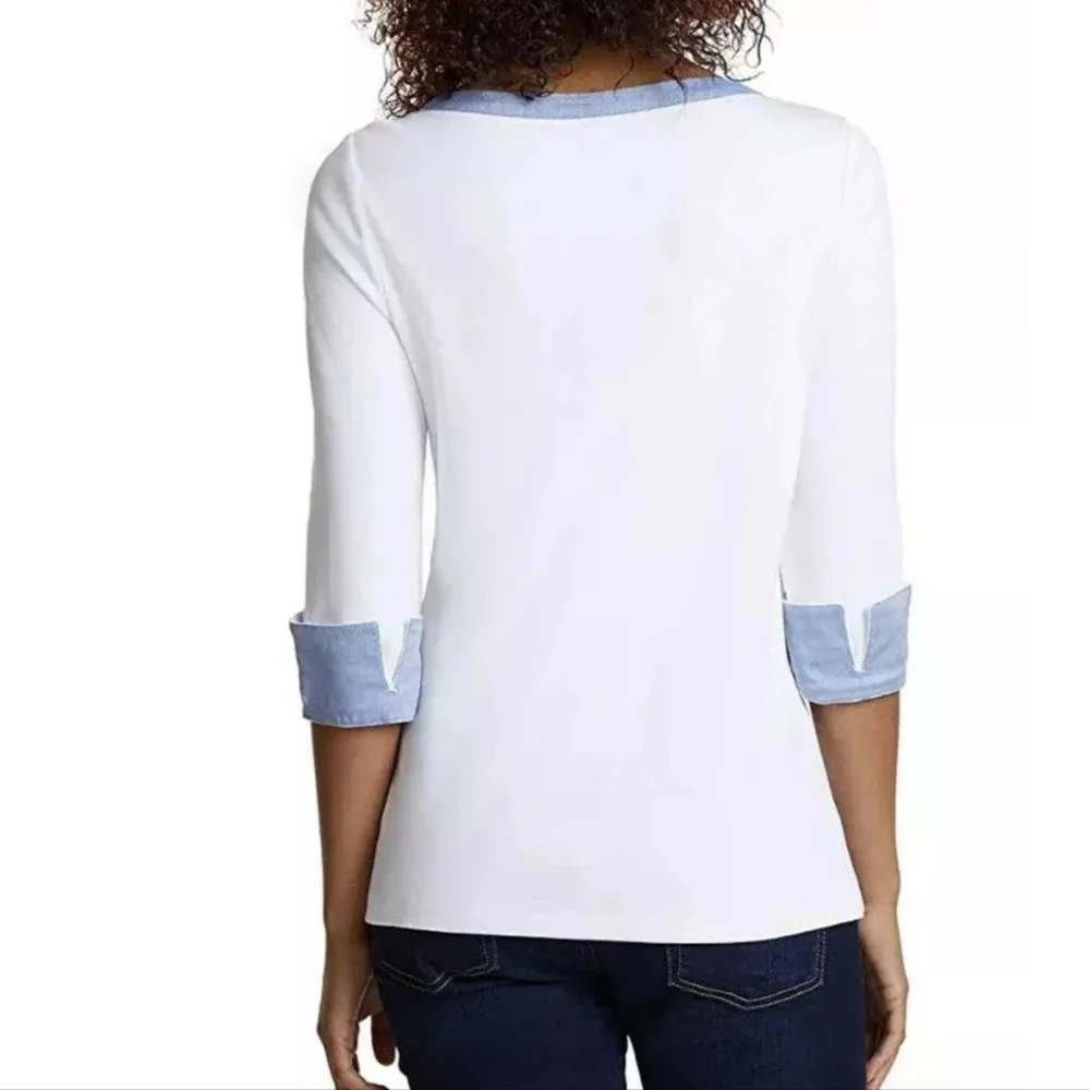 Nautica Women's 3/4 Cuffed Sleeve White Chambray Casual Top Size Large - Picture 2 of 8